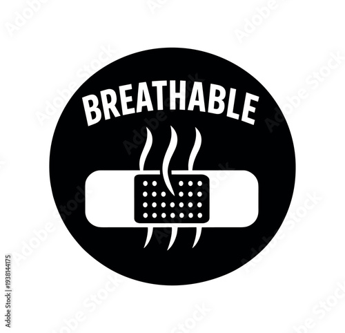 Black circular badge showing a ventilated adhesive bandage with perforations and three steam-like lines to indicate breathability, meant as a product label or packaging icon.