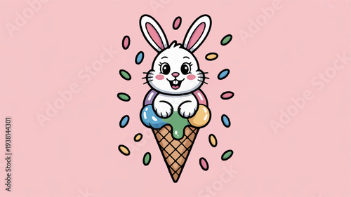 Colorful cartoon bunny sitting on a triple scoop ice cream cone with sprinkles on pink background