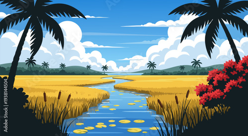 Vibrant Tropical Landscape with a Winding River and Lush Vegetation A Vector Illustration