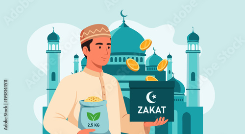Zakat Payment vector illustration of a Muslim man holding a bag of grain and a donation box, with mosques in the background