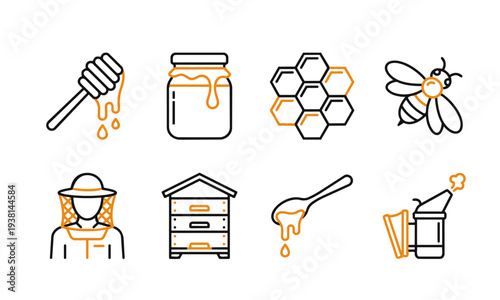 Beekeeping and Honey Production Outline Icons Set. Apiary, Beekeeper, Honeycomb Linear Vector Illustration