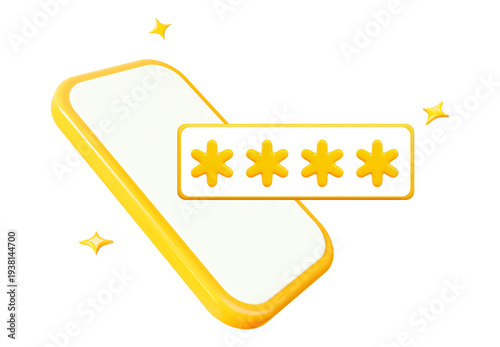 3d yellow phone with password security icon. Concept of secure protection. Stock vector illustration on white isolated background.