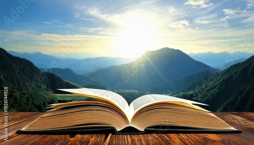 Open religious book Bible on table against nature background. Prayer. Holy Scripture