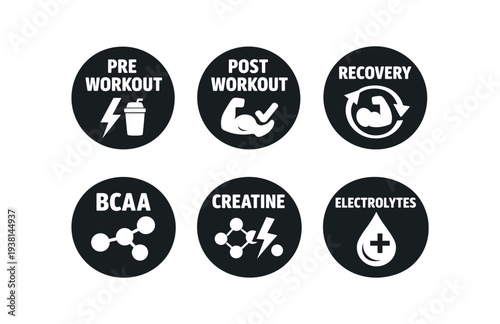 2x3 grid on white background six separate flat vector badges badge solid black circle with the text good for package business info about product consistent style and size badge texts and :