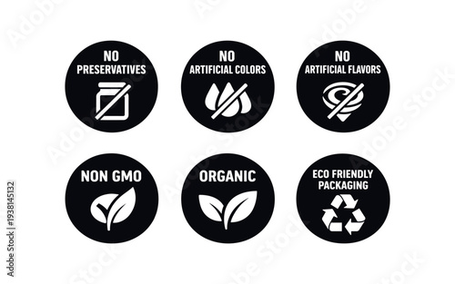 2x3 grid on white background six separate flat vector badges badge solid black circle with the text minimal good look design good for package business info about product consistent style