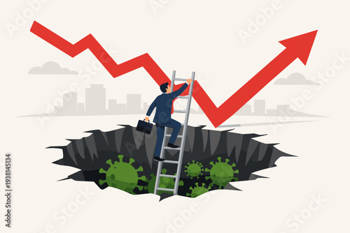 Businessman climbing ladder out of a pit with coronavirus cells towards a rising red arrow graph, representing economic recovery, business survival, and financial growth after COVID-19 crash.