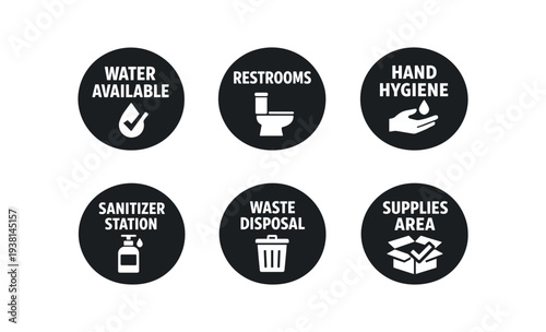 2x3 grid on white background six separate flat vector badges badge solid black circle with the text minimal good look design good for package business info about product consistent style