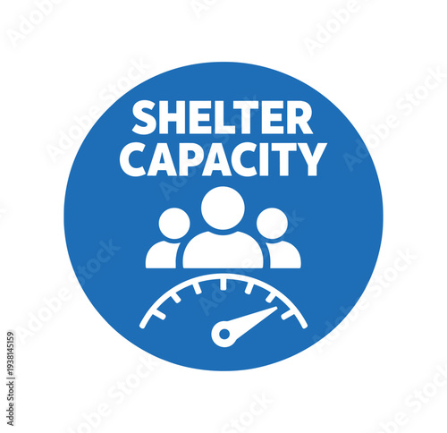 Flat vector badge SHELTER CAPACITY simple white group icon with gauge minimal good look design good for package business info about product