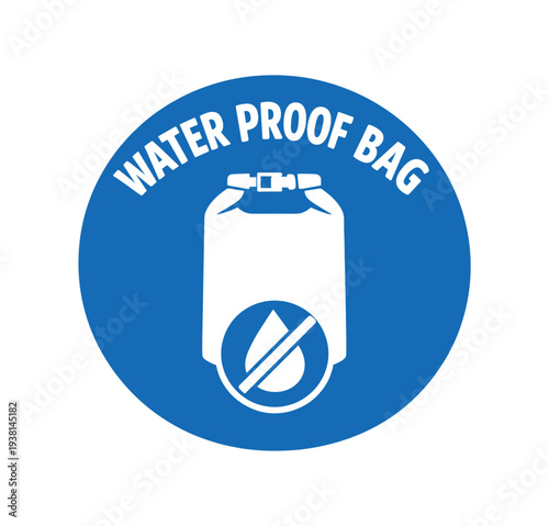 Flat vector badge WATER PROOF BAG simple white dry bag with droplet slash minimal good look design good for package business info about product