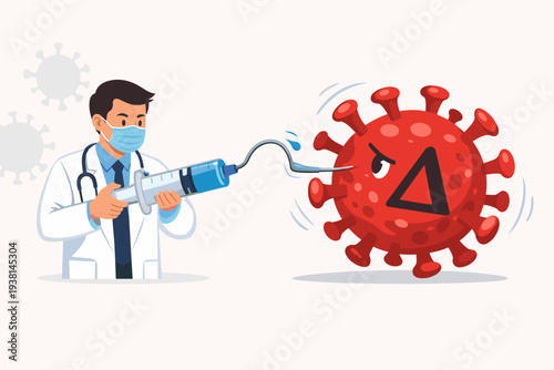 Doctor Injecting Vaccine into Large Red Coronavirus Delta Variant Cell with Angry Face, Concept of Medical Professional Fighting COVID-19 Pandemic, Immunity Escape and Vaccine Resistance Vector