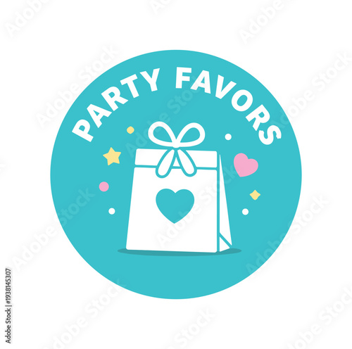Flat vector badge PARTY FAVORS simple white gift bag good for package business info about product