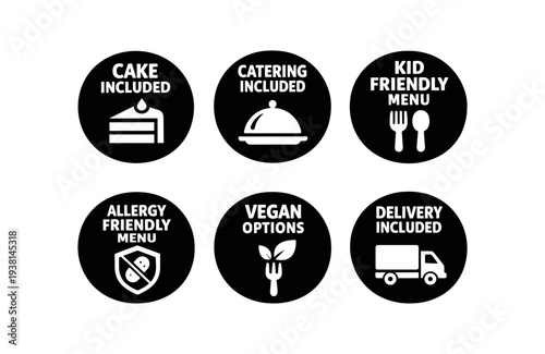 2x3 grid on white background six separate flat vector badges badge solid black circle with the text good for package business info about product consistent style and size badge texts and :