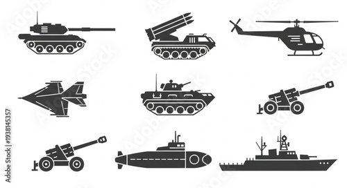 Collection of Military Vehicles and Aircraft Silhouettes.