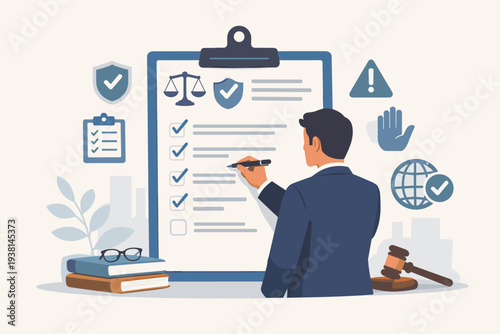 Businessman filling out a code of conduct and ethical policy checklist. Illustration of corporate rules, regulations, and principles for work responsibility, legal compliance, and standards.
