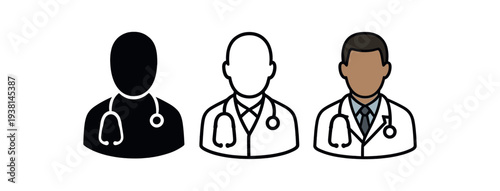 doctor avatar three doctor bust with stethoscope neutral skin tones and white coat