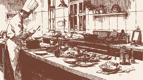 Restaurant kitchen interior with chef preparing meals. Cook works at counter cutting ingredients and plating dishes. Detailed pen hand crafted drawing sketch style. Background for culinary blogs.