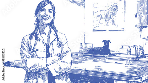 Young female veterinarian standing near exam table. Clean vector outline sketch style presenting medic and resting dog in clinic. Banner for pet care advertising.