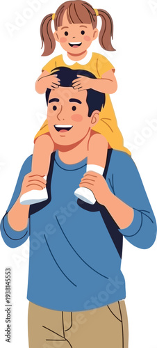 Father carries happy young daughter upon his shoulders during outing today.