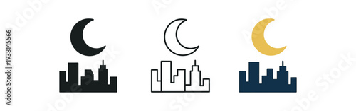 crescent over city three crescent above simple skyline dark blue and gold