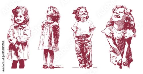 Cute happy little girls smiling childhood poses illustration. Cheerful kids standing and laughing with joyful expressions. Pencil hand drawn sketch style. Banner for kindergarten posters.