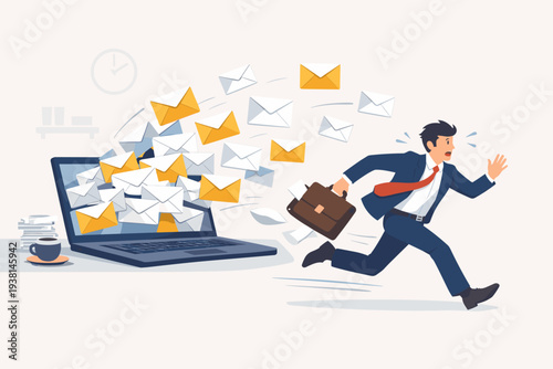 Stressed Businessman Running Away from Laptop with Overwhelming Amount of Emails Flying Out, Concept of Email Overload, Junk Mail, Spam, and Poor Time Management Reducing Productivity in Office