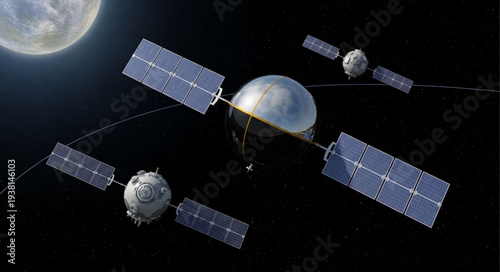 Space exploration satellites orbiting a distant planet with moon.