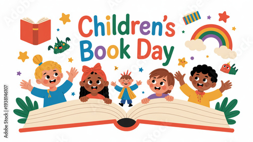 Children's book day celebration with diverse kids and open book