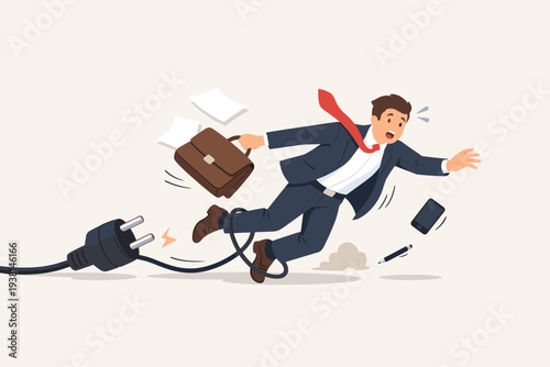 Clumsy Businessman Tripping Over Electrical Cord and Falling Down in Office, Concept of Business Failure, Mistake, Unexpected Problem, Accident or Surprise Impacting Career and Productivity