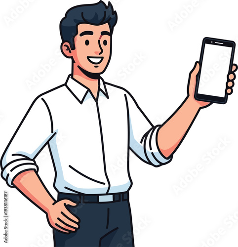 Smiling businessman holds up a smartphone displaying a blank white screen.