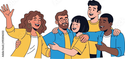 Diverse group of five happy young friends embrace each other with open.