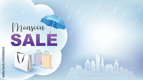 Monsoon sale banner with umbrella, shopping bags and rainy city skyline background. Seasonal discount promotion concept in blue pastel tone with copy space.