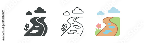 seasonal walk spring path with puddles and small flowers