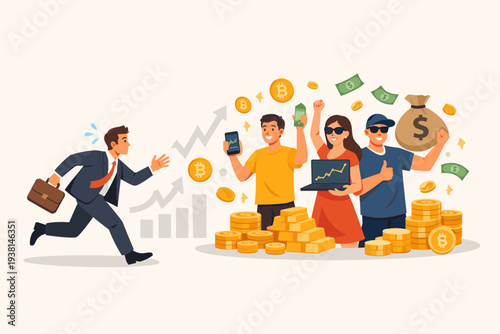 Businessman Running to Join Successful Crypto Investors with Bitcoin and Gold Bars, Fear of Missing Out FOMO Concept in Cryptocurrency Market, Financial Growth and Wealth Vector Illustration