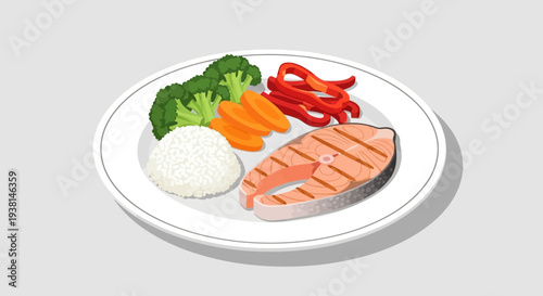 A Healthy Balanced Plate with Grilled Salmon, Rice, Broccoli, Carrots and Red Peppers