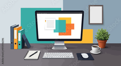 A modern workspace with a computer, documents, and office supplies illustrated in detail