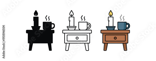 seasonal cozy winter nightstand with candle and mug