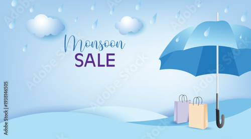 Monsoon sale banner with blue umbrella, raindrops, clouds and shopping bags on soft blue background. Rainy season promotion template with copy space.