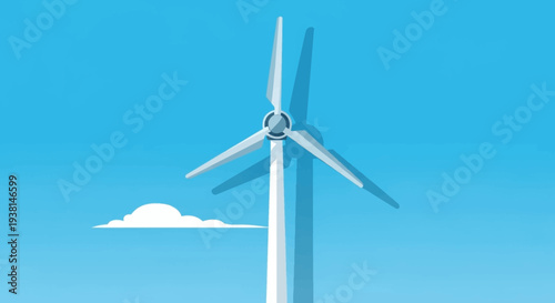 A serene depiction of a wind turbine generating clean energy in a bright blue sky environment