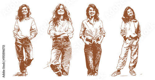 Casual young woman smiling modern lifestyle character. Background for fashion branding and youth marketing visuals. Hand illustrated drawing style with loose pencil sketch lines.