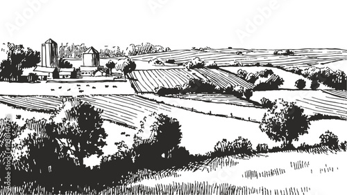 Rural farmland panorama with barns silos fields. Agricultural landscape showing cultivated land and farm buildings. Banner for agriculture presentation. Crayon hand drawn pencil illustration style.