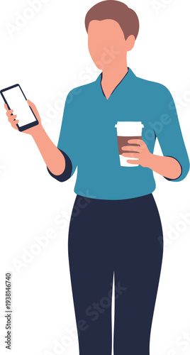 Person holding a smartphone and a disposable coffee cup stands against.