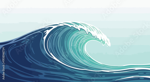 A stylized illustration of a powerful ocean wave crashing in shades of blue and white