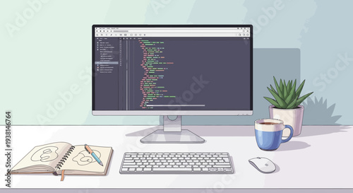A serene workspace depicts coding, computer screen, and everyday objects, all minimalist