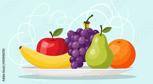 A vibrant assortment of fresh fruits arranged on a plate with an artistic background