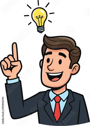 Businessman has a sudden bright idea symbolized by a glowing lightbulb.