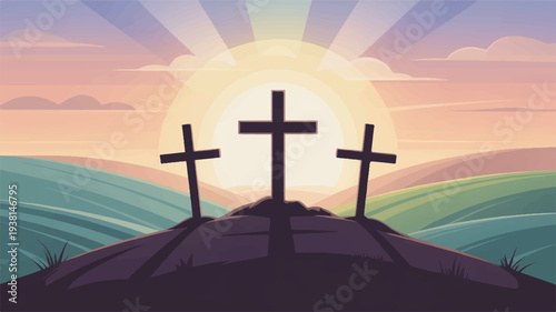 Three crosses on a hill at sunset with vibrant sky and rolling hills background