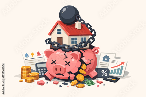 Heavy House Chained to a Wrecking Ball Crushing a Broken Piggy Bank, Concept of High Mortgage Interest Rates, Real Estate Debt, Financial Crisis, Expensive Housing Costs, and Economic Burden.
