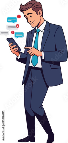 Smiling professional checks notifications and interacts with messages on a.