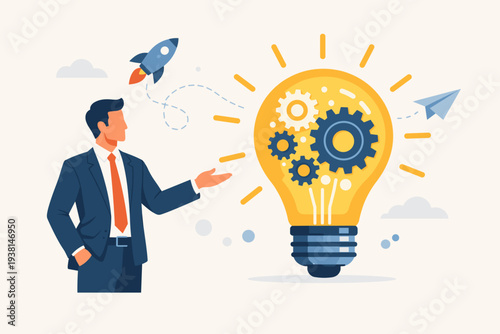 Successful businessman presenting innovative business idea and creative solution, glowing lightbulb with gears inside symbolizing strategy, vision, and startup growth with rocket launch concept.