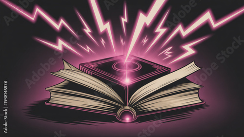 Magical book with pink lightning bolts and an open spellbook on a dark background mystical energy emanating from pages